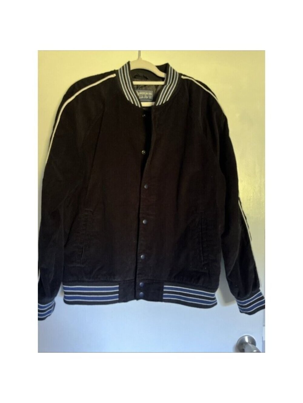 American Rag Mens Large Snap Front Bomber Jacket Black Corduroy Blue Cream Trim
